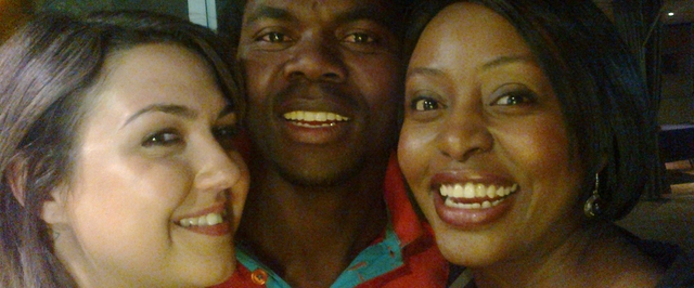 Left to Right – Sandra Govedarska  ( Stylist) Solomon Atah (Production Manager) and Thuli Mahlangu (Interior Designer Judge) at wrap party in Namibia